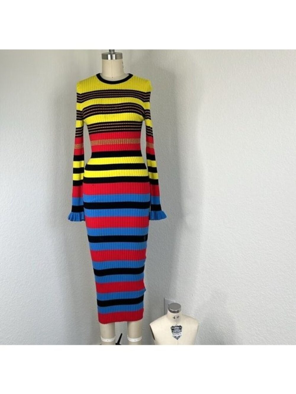 Opening Ceremony Striped Ribbed Knit Midi Dress In Azure Multi Ruffle - Picture 4 of 11